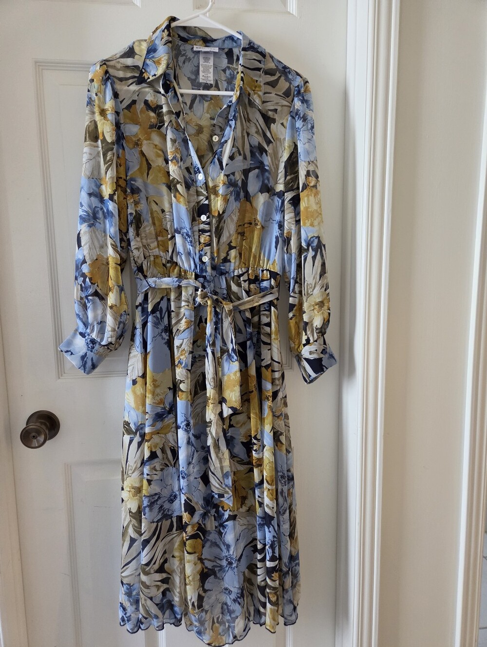 Kate And Lily - Floral Button-Front Midi Dress with Tie Waist - Blue & Yellow